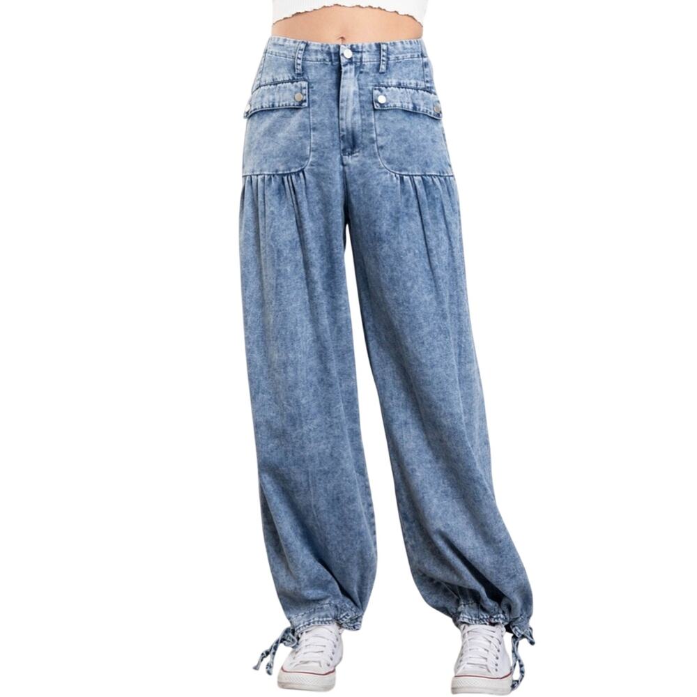 Jogger Jeans Dark Wash Wide Leg Tie Hem Stretch Waist Blue Velvet M